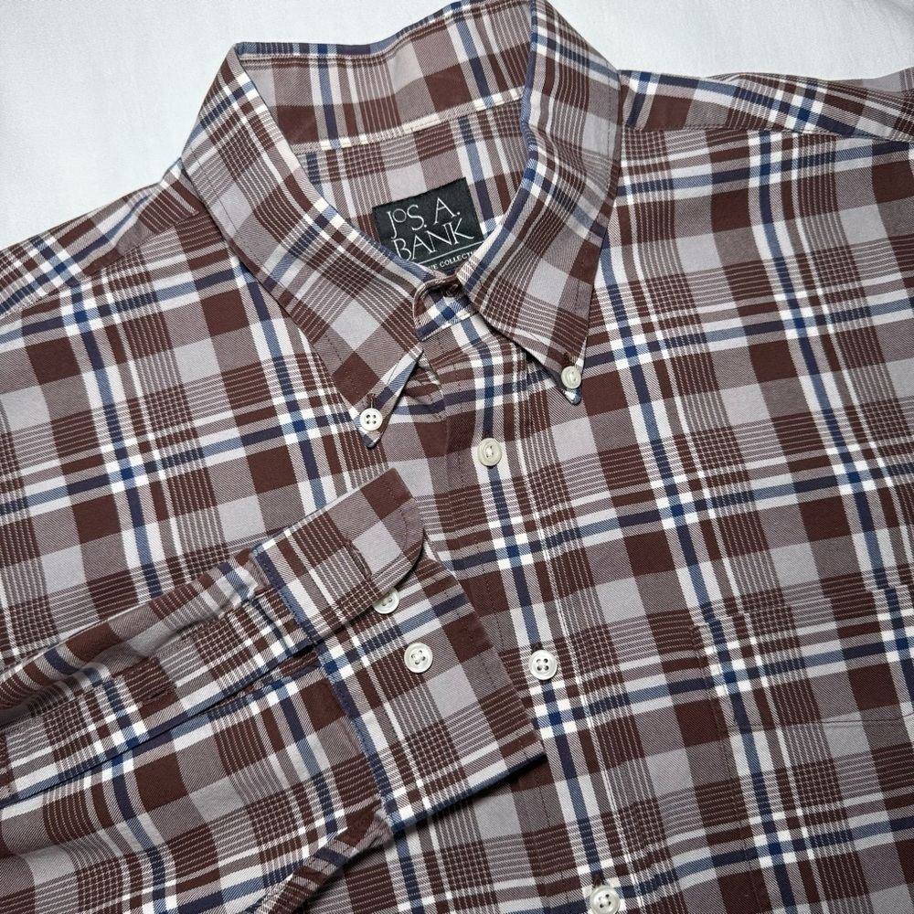 Jos A Banks Executive Collection Shirt Plaid Brown Long Sleeves Button Up Mens L